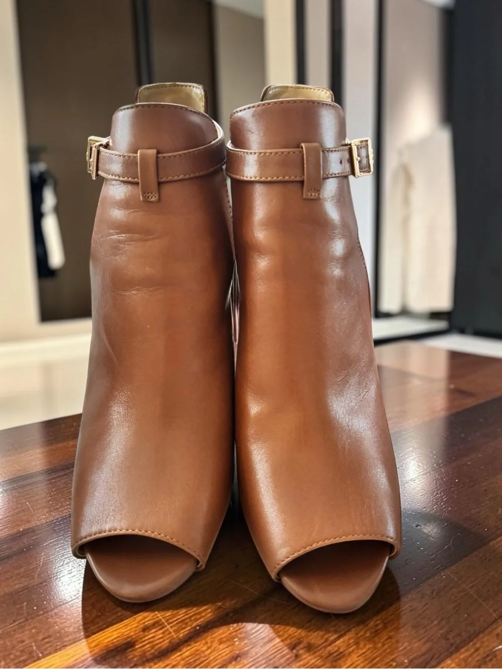 Michael Kors Lawson Open Toe Heeled Booties Brown Leather Size 7.5